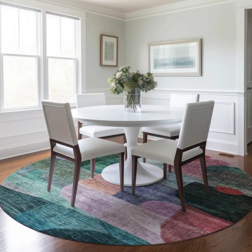 8' Green Purple And Blue Round Abstract Washable Indoor Outdoor Area Rug Photo 8