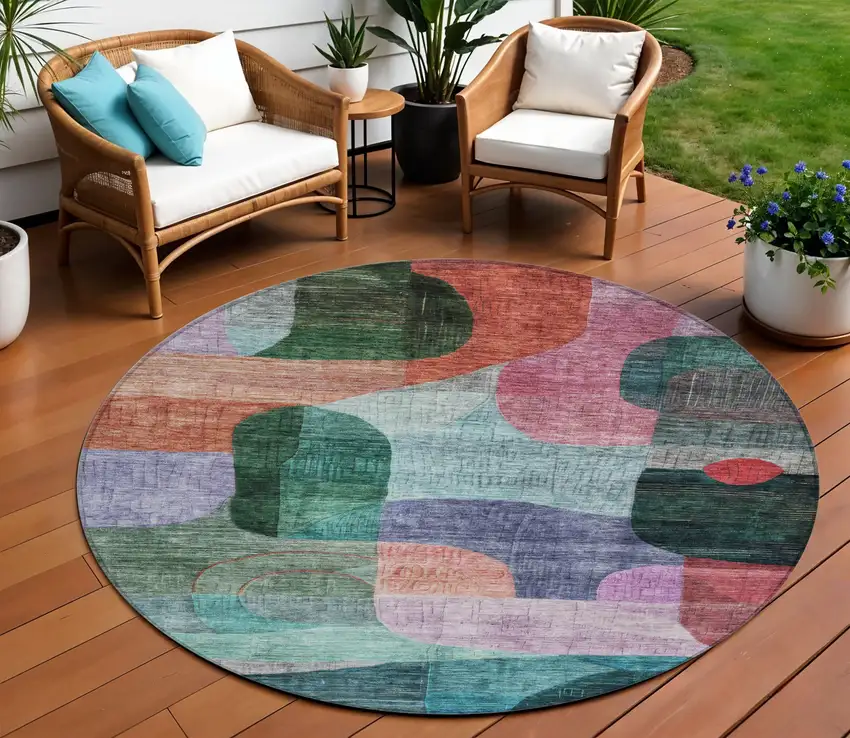 8' Green Purple And Blue Round Abstract Washable Indoor Outdoor Area Rug Photo 1