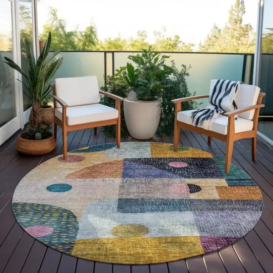 8' Green Purple And Blue Round Geometric Washable Indoor Outdoor Area Rug Photo 8