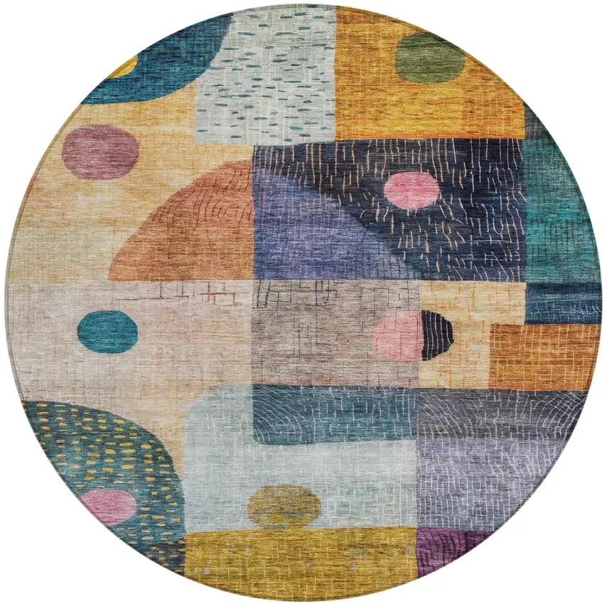 8' Green Purple And Blue Round Geometric Washable Indoor Outdoor Area Rug Photo 2