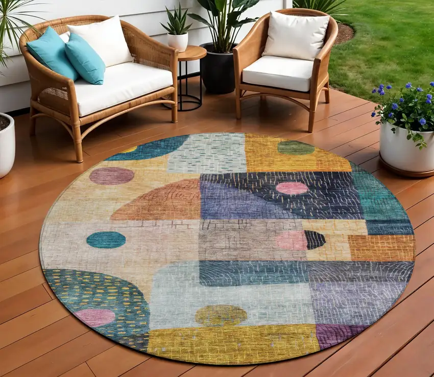 8' Green Purple And Blue Round Geometric Washable Indoor Outdoor Area Rug Photo 1