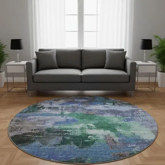 8' Green Purple And Brown Abstract Washable Round Rug With UV Protection Photo 2