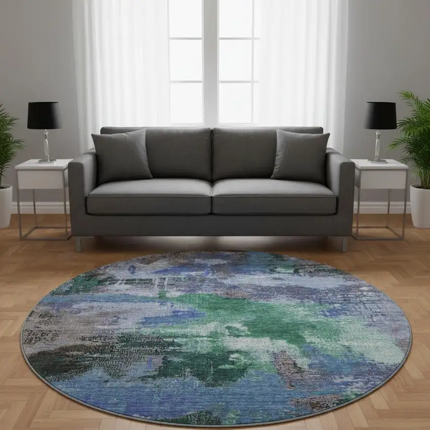 8' Green Purple And Brown Abstract Washable Round Rug With UV Protection Photo 2
