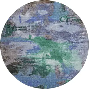 Photo of 8' Green Purple And Brown Abstract Washable Round Rug With UV Protection