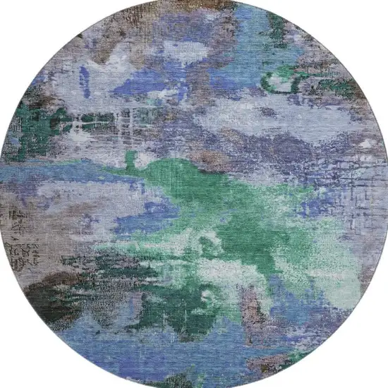 8' Green Purple And Brown Abstract Washable Round Rug With UV Protection Photo 3