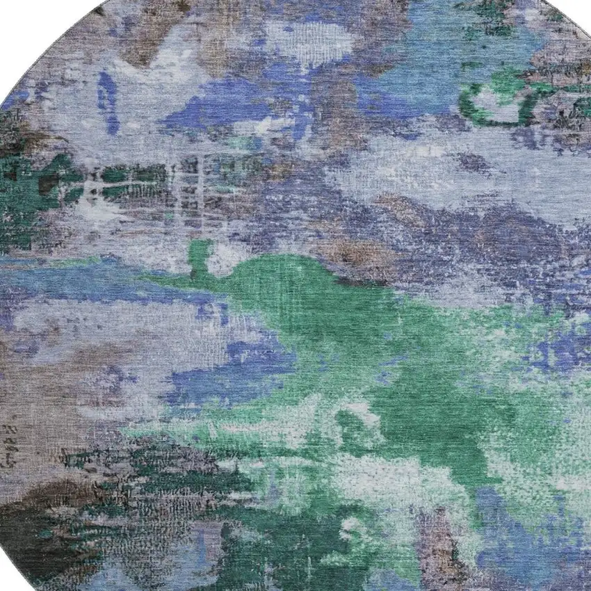 8' Green Purple And Brown Abstract Washable Round Rug With UV Protection Photo 2