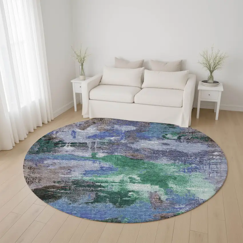 8' Green Purple And Brown Abstract Washable Round Rug With UV Protection Photo 4