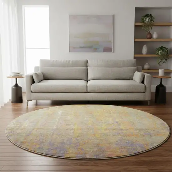 8' Green Purple And Gold Abstract Washable Round Rug With UV Protection Photo 2