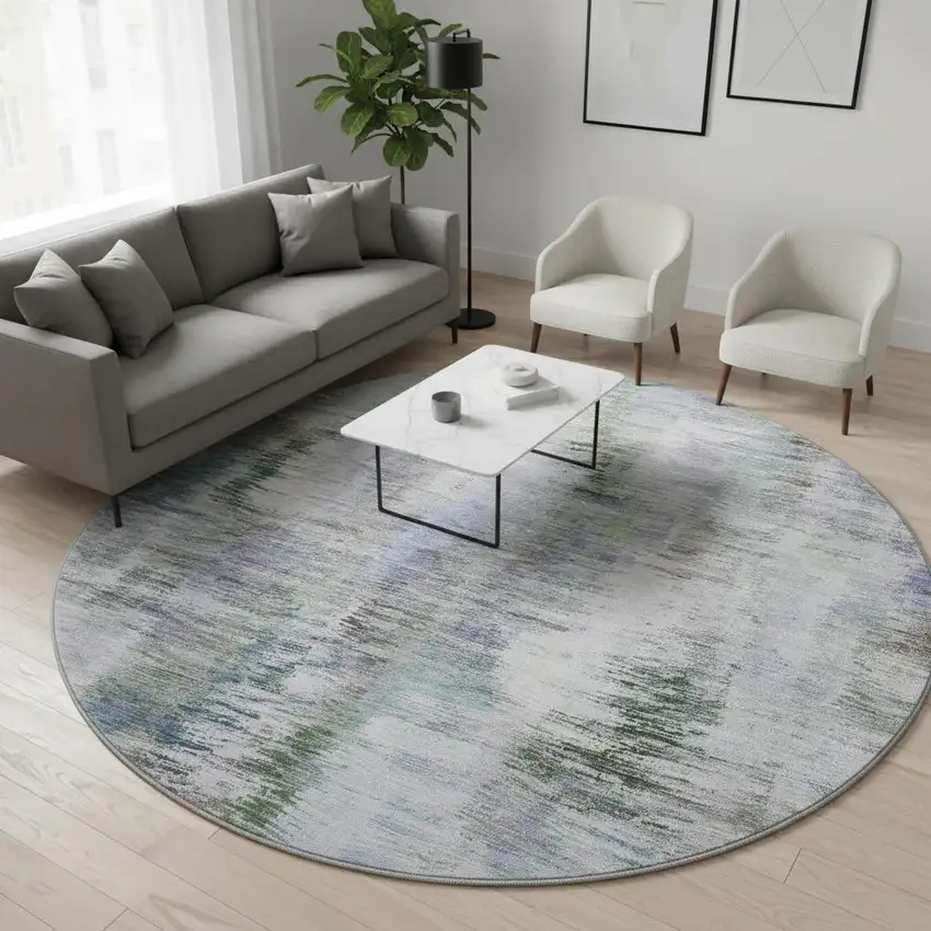 8' Green Purple And Gray Abstract Washable Round Rug With UV Protection Photo 2