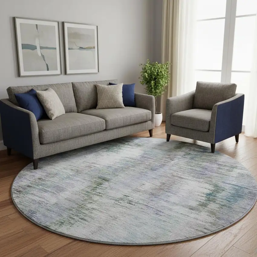 8' Green Purple And Gray Abstract Washable Round Rug With UV Protection Photo 1