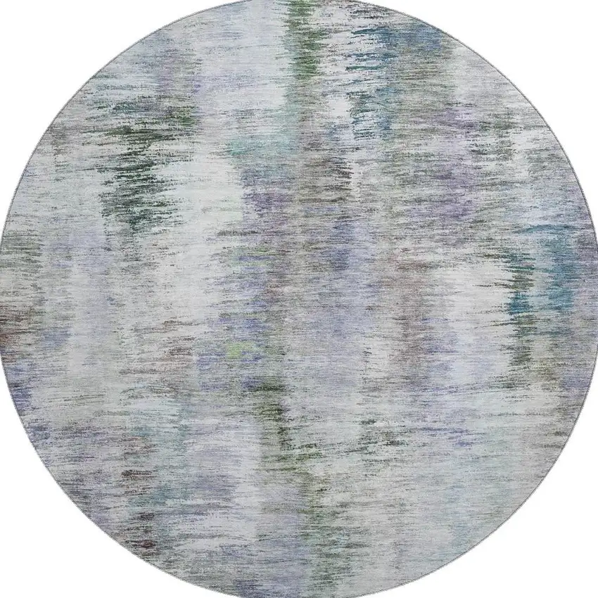 8' Green Purple And Gray Abstract Washable Round Rug With UV Protection Photo 4