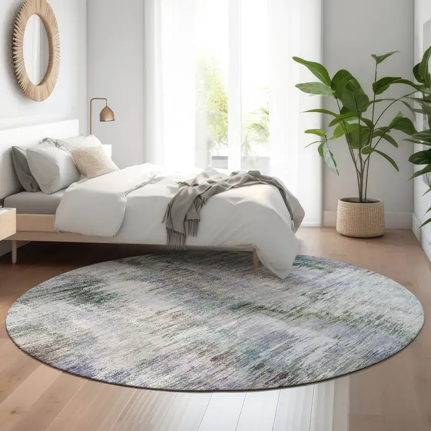 8' Green Purple And Gray Abstract Washable Round Rug With UV Protection Photo 5