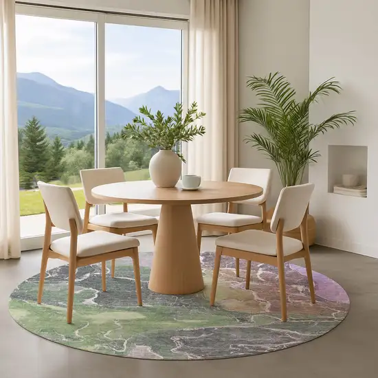 8' Green Purple And Gray Abstract Washable Round Rug With UV Protection Photo 4