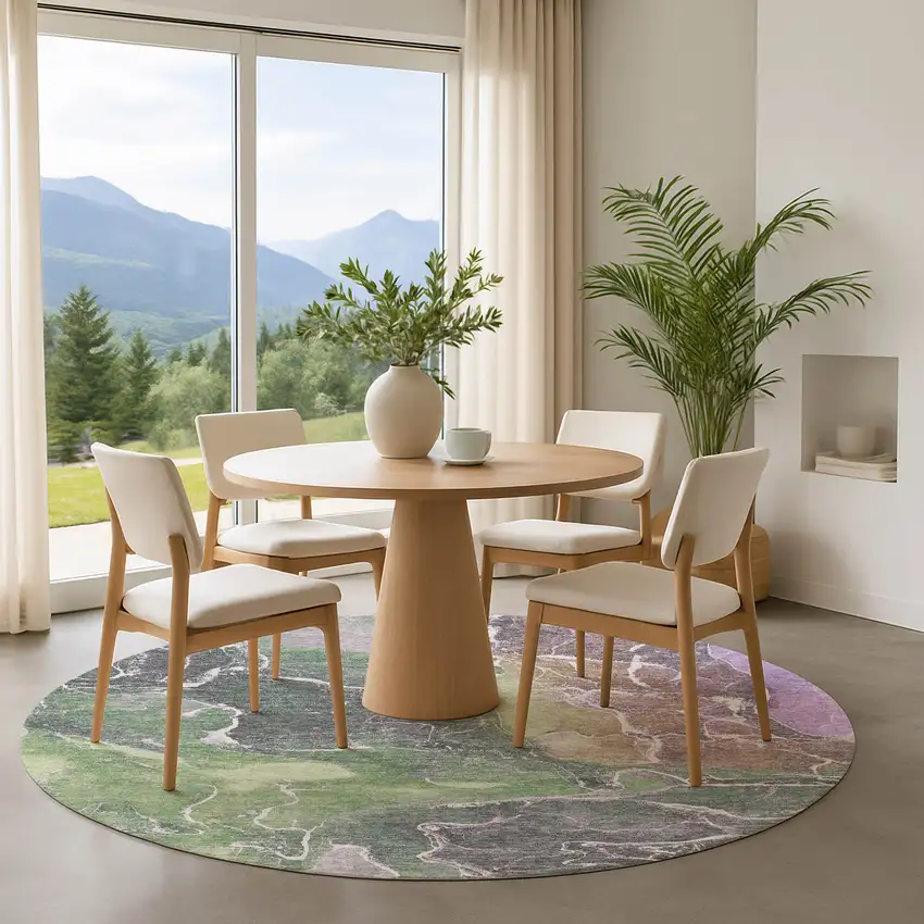 8' Green Purple And Gray Abstract Washable Round Rug With UV Protection Photo 4