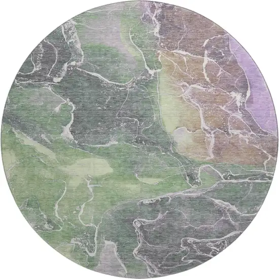 8' Green Purple And Gray Abstract Washable Round Rug With UV Protection Photo 1