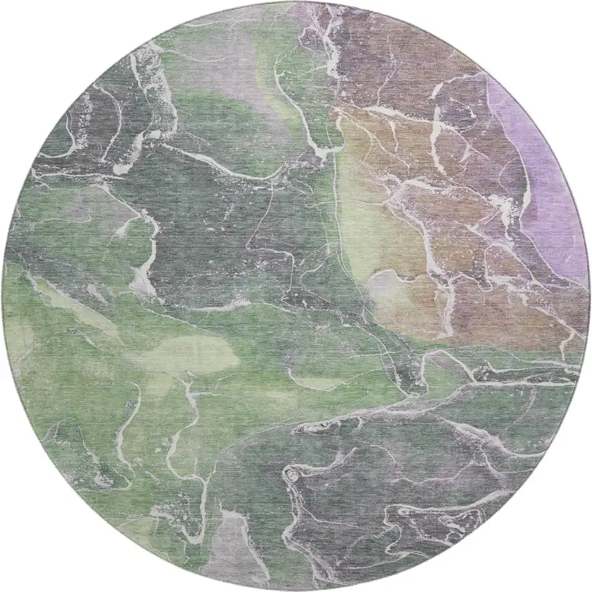 8' Green Purple And Gray Abstract Washable Round Rug With UV Protection Photo 1