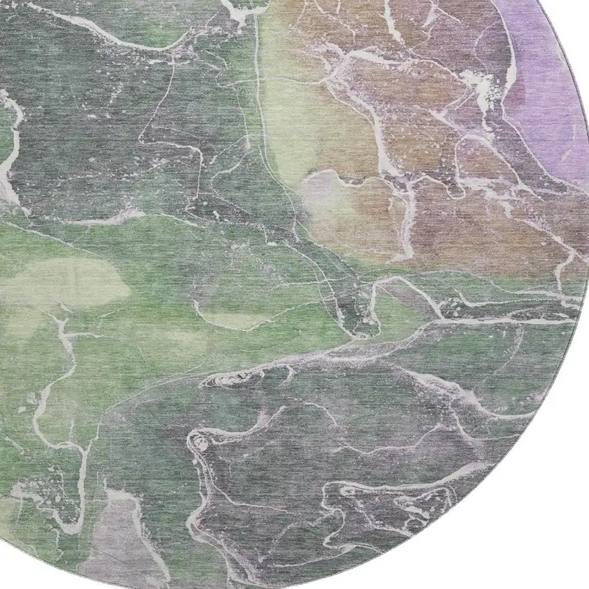 8' Green Purple And Gray Abstract Washable Round Rug With UV Protection Photo 2