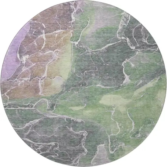 8' Green Purple And Gray Abstract Washable Round Rug With UV Protection Photo 3