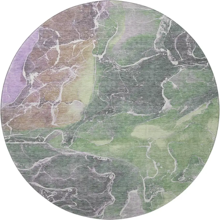 8' Green Purple And Gray Abstract Washable Round Rug With UV Protection Photo 3