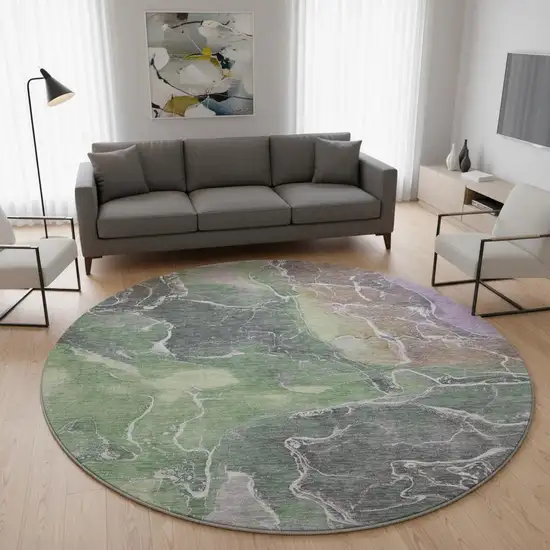 8' Green Purple And Gray Abstract Washable Round Rug With UV Protection Photo 2