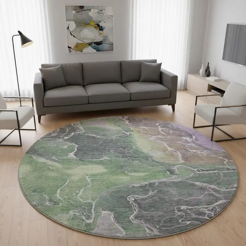 8' Green Purple And Gray Abstract Washable Round Rug With UV Protection Photo 2