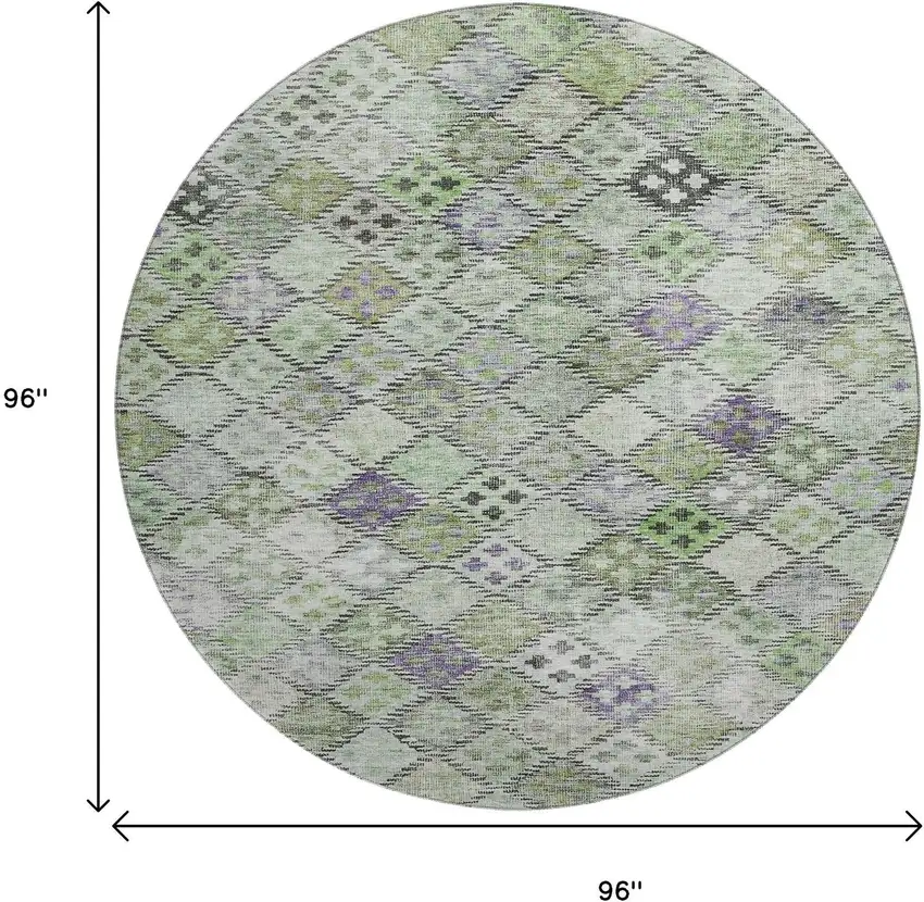 8' Green Purple And Gray Geometric Washable Round Rug With UV Protection Photo 9
