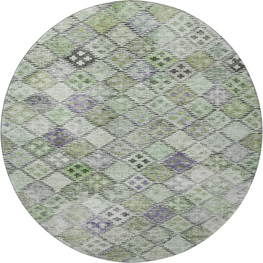 8' Green Purple And Gray Geometric Washable Round Rug With UV Protection Photo 3