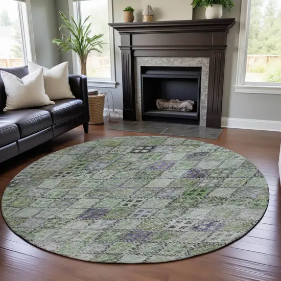 8' Green Purple And Gray Geometric Washable Round Rug With UV Protection Photo 4