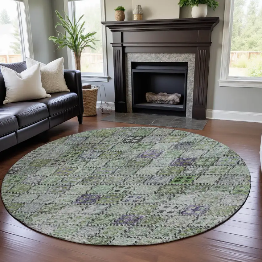 8' Green Purple And Gray Geometric Washable Round Rug With UV Protection Photo 4