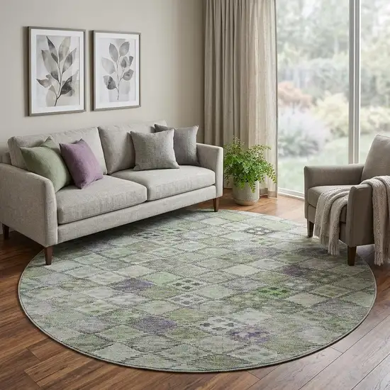 8' Green Purple And Gray Geometric Washable Round Rug With UV Protection Photo 1