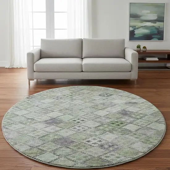 8' Green Purple And Gray Geometric Washable Round Rug With UV Protection Photo 2