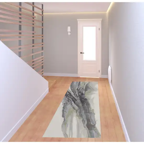 8' Green Purple And Ivory Abstract Power Loom Runner Rug Photo 2