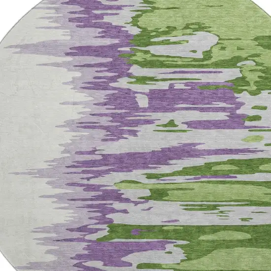 8' Green Purple And Ivory Abstract Washable Round Rug With UV Protection Photo 2