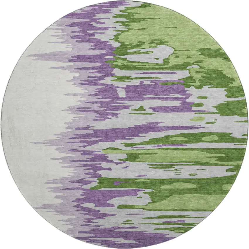 8' Green Purple And Ivory Abstract Washable Round Rug With UV Protection Photo 1