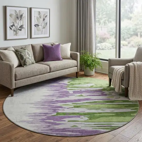8' Green Purple And Ivory Abstract Washable Round Rug With UV Protection Photo 1