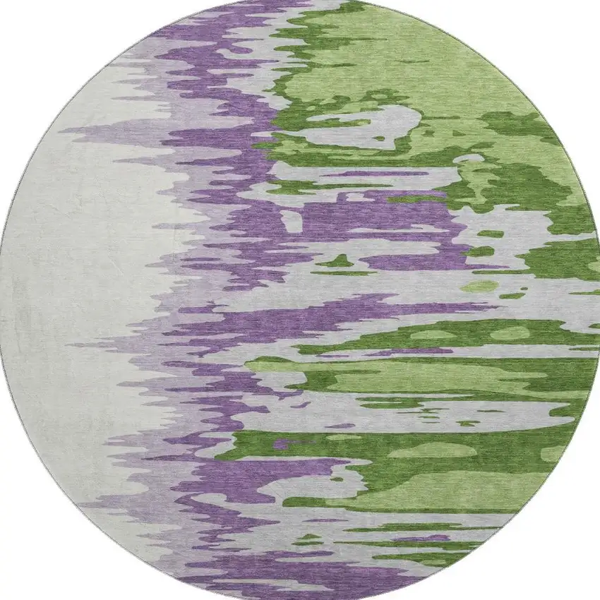 8' Green Purple And Ivory Abstract Washable Round Rug With UV Protection Photo 3