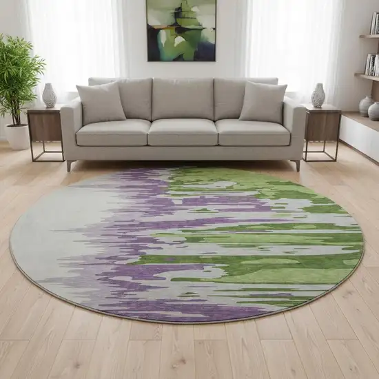 8' Green Purple And Ivory Abstract Washable Round Rug With UV Protection Photo 2