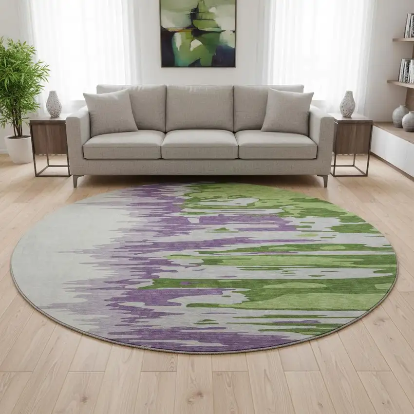 8' Green Purple And Ivory Abstract Washable Round Rug With UV Protection Photo 2