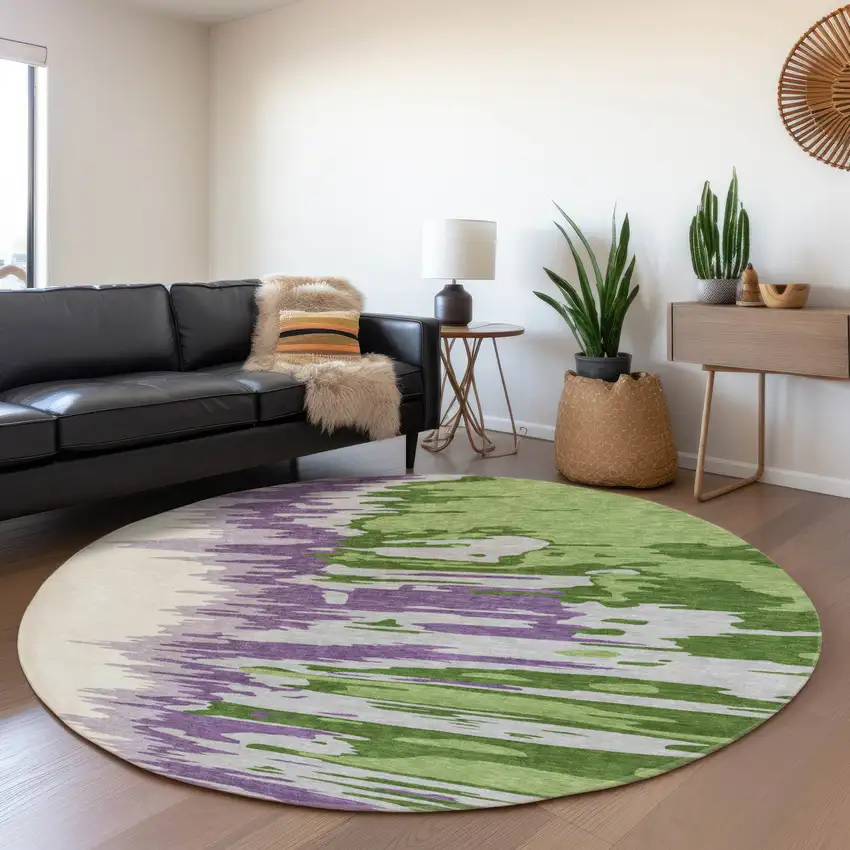 8' Green Purple And Ivory Abstract Washable Round Rug With UV Protection Photo 4