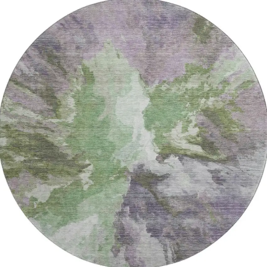 8' Green Purple And Ivory Abstract Washable Round Rug With UV Protection Photo 3