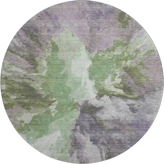 8' Green Purple And Ivory Abstract Washable Round Rug With UV Protection Photo 1