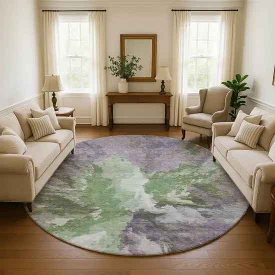 8' Green Purple And Ivory Abstract Washable Round Rug With UV Protection Photo 4
