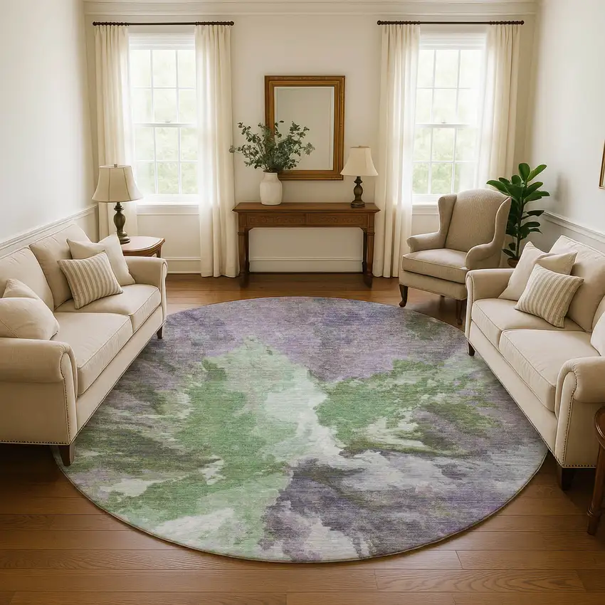 8' Green Purple And Ivory Abstract Washable Round Rug With UV Protection Photo 4