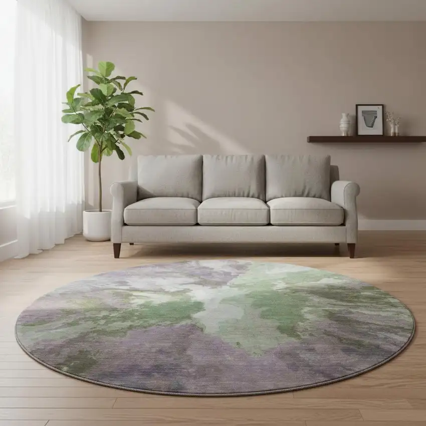 8' Green Purple And Ivory Abstract Washable Round Rug With UV Protection Photo 2