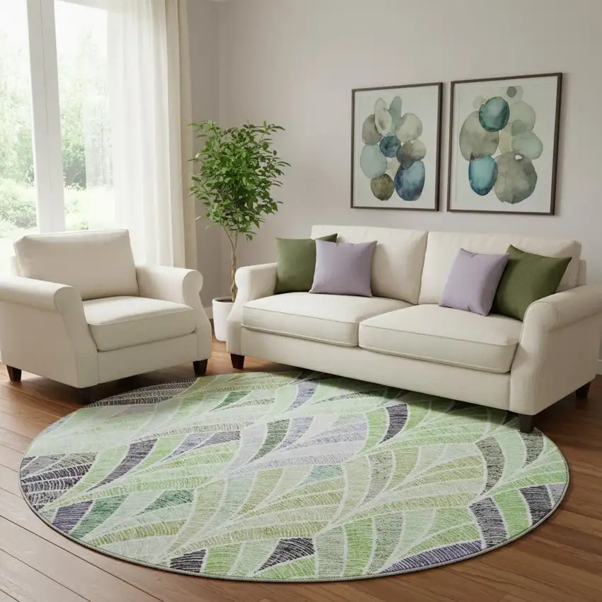 8' Green Purple And Ivory Geometric Washable Round Rug With UV Protection Photo 1