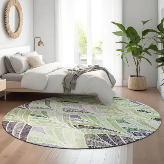 8' Green Purple And Ivory Geometric Washable Round Rug With UV Protection Photo 5