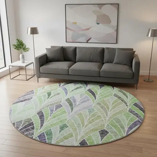8' Green Purple And Ivory Geometric Washable Round Rug With UV Protection Photo 2