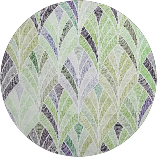 8' Green Purple And Ivory Geometric Washable Round Rug With UV Protection Photo 1