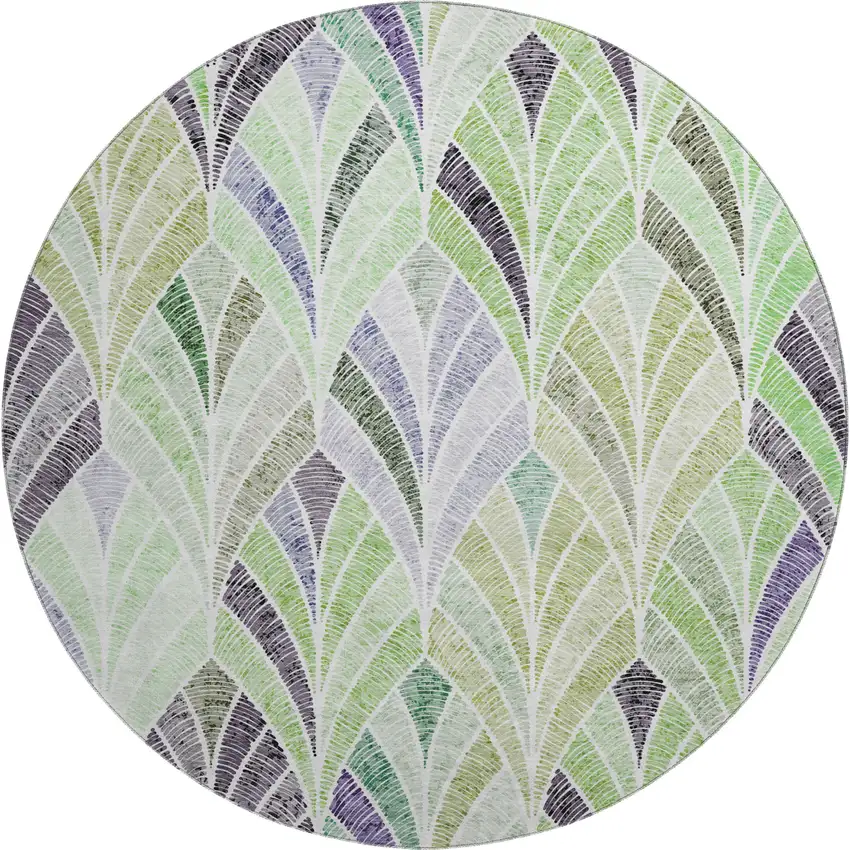 8' Green Purple And Ivory Geometric Washable Round Rug With UV Protection Photo 1