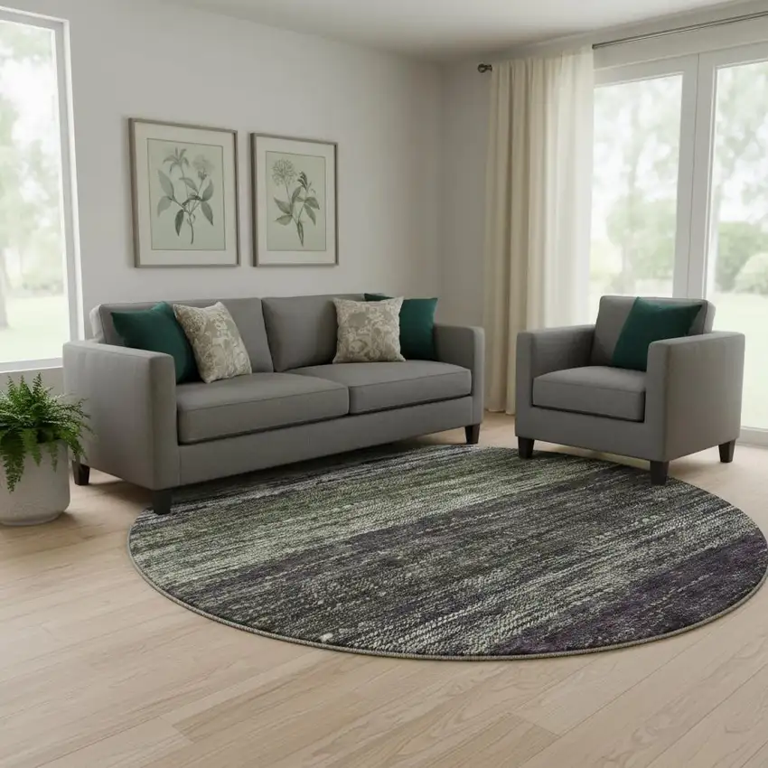 8' Green Purple And Ivory Ombre Washable Round Rug With UV Protection Photo 1